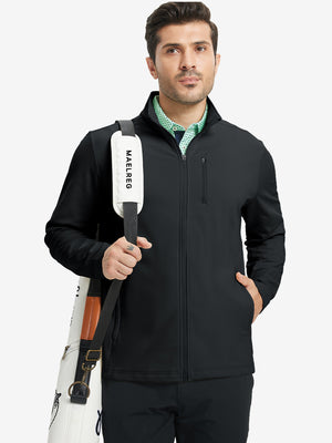 Model wearing black lightweight casual fleece jacket with 5 pockets, hand in pocket, tennis bag