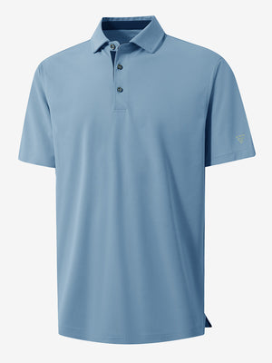 3D render of the misty blue ventilated pique performance polo, displaying the garment structure and design clearly