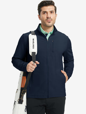Model wearing navy lightweight casual fleece jacket with 5 pockets, hand in pocket, tennis bag