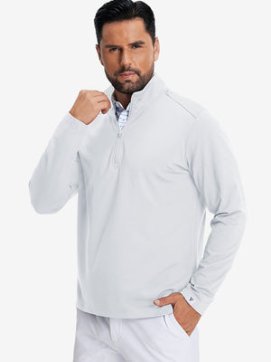Model front upper body wearing Fleece lined golf quarter zip with sleek white look