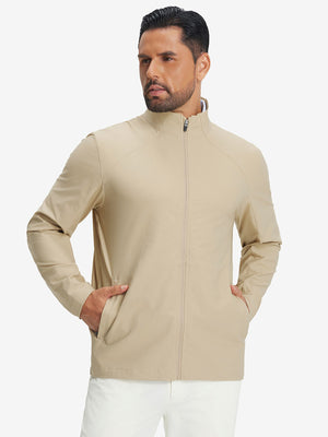 Model wearing lightweight water-resistant outerwear jacket, khaki, front upper body view