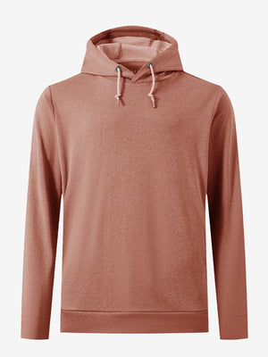 3D front view of the classic heather pullover hoodie in brick melange, simple and relaxed athletic fit.