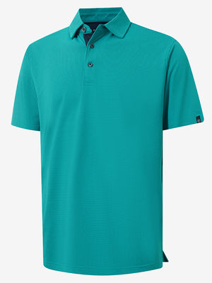 3d rendering of the turquoise feather weight jacquard polo shirts, displaying the texture and silhouette clearly