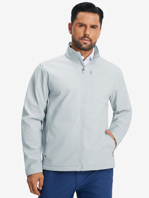 Model wearing winter thermal outdoor water resistant fleece jacket, hand in side pocket, relaxed fit in light gray
