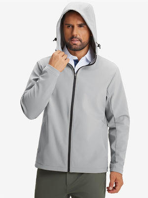 Model wearing water-resistant heat-tech softshell winter jacket with hood, light grey, front upper-body.