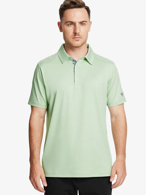 Front half-body view of male model in the Canary Green Everyday Classic Solid Polo, standing still