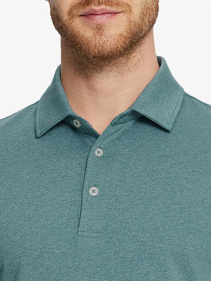 Aqua Heather Skin-friendly Long Sleeve Melange Polo – front view from model’s nose to chest