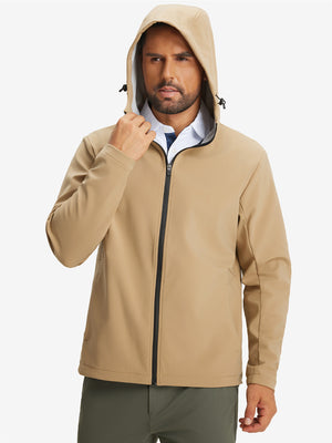 Model wearing water-resistant heat-tech softshell winter jacket with hood, khaki, front upper-body.