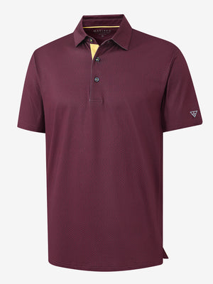 3D render of the burgundy geometric 4 way stretch print collared polo shirt, displaying the garment structure and design clearly