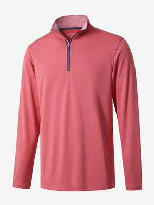 3D rendered display of the RED MELANGE Moisture Wicking Quarter Zip Pullover laid out in detail.