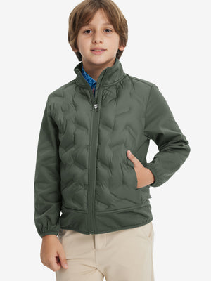 Boys windproof puffer jacket with pockets in army green, model front upper-body with one hand in pocket.