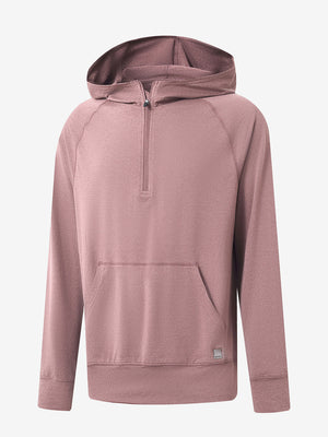 3D front view of the Quarter Zip Hoodie with Kangaroo Pocket in Pink Heather, athletic casual style.