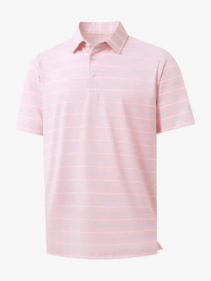 Front 3D view of trendy boys stripe polo shirts, clean structure and modern light pink stripe look