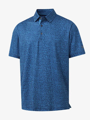 3D view highlighting graffiti print design on BLUE GRAFFITI Performance Print Boys Golf Polo