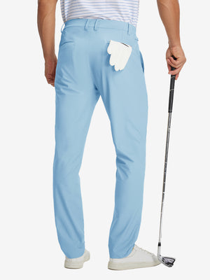 Back view of lightweight flat front casual trousers, showing structure and fit in light blue.