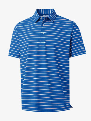 Front 3D view of trendy boys stripe polo shirts, clean structure and modern blue stripe look