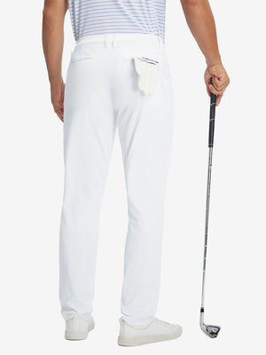 Back view of soft lightweight casual golf pants with 5 pockets, clean fit and structure in white.