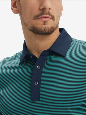 Close-up: nose to chest in turquoise stripe upgraded two-tone striped quick dry polo shirt