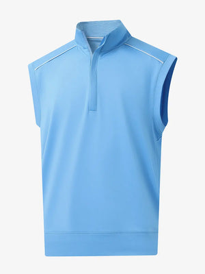 3D view of SKY BLUE Stretch Solid Fleece Quarter-Zip Vest showing fit and texture.								
