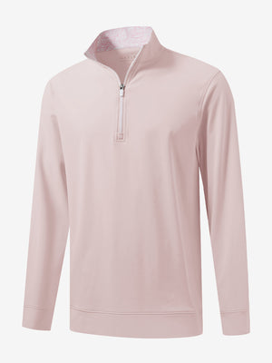 3D front view of the lightweight golf quarter zip pullover in light pink, clean and athletic design.
