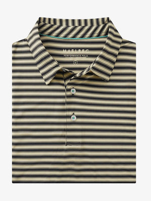 3D rendering of the Black Khaki Yarn Dyed Stripe Polo highlighting the textured yarn-dyed stripes
