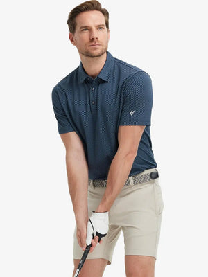 Full body front view of model wearing BLACK BLUE Your Favorite Jacquard Polo, holding a golf club