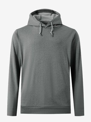 3D front view of the classic heather pullover hoodie in grey melange, simple and relaxed athletic fit.