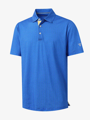 3D render of BLUE SWORDFISH Performance Print Boys Polo highlighting swordfish print