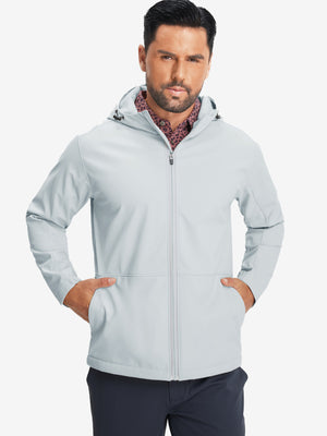Model wearing reflective hooded softshell jacket, light gray, front upper-body with a sleek fit.