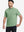 Front half-body shot of model wearing the spa green heather comfy cotton blend polo shirt with pocket for a casual relaxed look