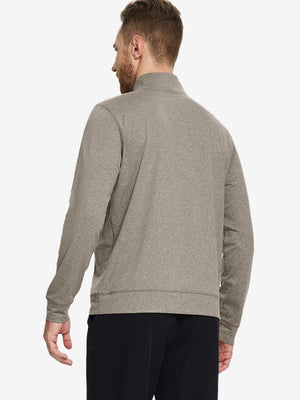 Back upper-body view of quarter zip melange pullover on model, shown in brown melange.