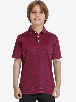 Front half-body shot of youth in red stripe performance cooling polo, highlighting design and fit