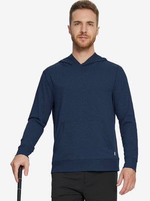 Model holding a golf club, dressed in the Brick Heather Athletic Golf Hoodie with a sleek fit.