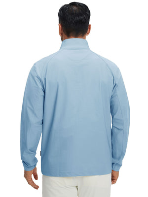 Back view of lightweight water-resistant outerwear jacket on model, showing light blue design