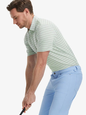 Model wearing Olive Green Beryl Green Performance Stripe Golf Shirt – front half-body pose