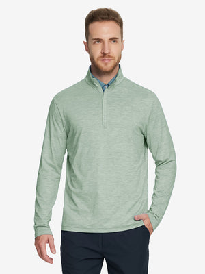 Back view of Heather Pinstripe Brushed Dry Fit Quarter Zip Pullover in beryl green melange, showing clean athletic fit