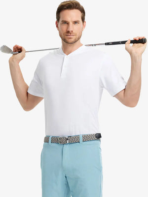 Front half-body view holding a golf club in Everyday Collarless Jersey Shirt in White.