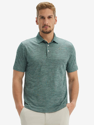 Front waist-up shot of model wearing green leaf breathable jacquard pattern 3-button golf polo