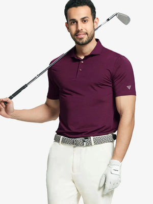 Model in MAROON STRIPE PINSTRIPE Pinstripe Jersey Performance Polo holding golf club, front half-body view								
