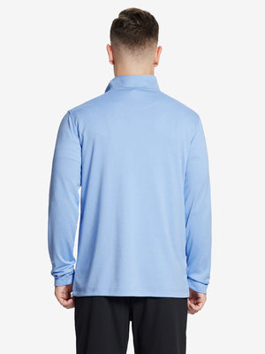 Back half-body view, model showcasing fit of LIGHT BLUE MELANGE Moisture Wicking Quarter Zip Pullover.