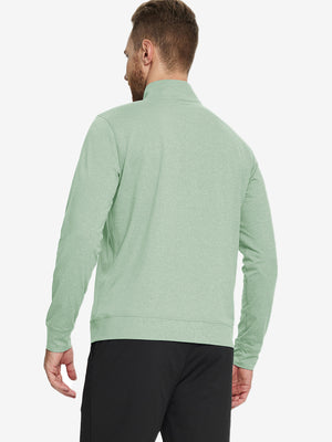 Back view of model wearing quarter zip melange pullover beryl green melange.