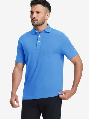 Front half-body shot of model wearing the cabana swim comfy cotton blend polo shirt with pocket for a casual relaxed look