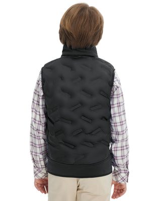Back view of boys full-zip fleece-lined puffer vest showing smooth fleece texture in black