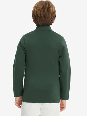 Model in kids soft lightweight fleece lined jacket in forest green, showing back half-body view.