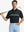 Half-body front view of model holding golf club wearing BLACK Stylish Chest Print Snap Polo