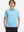 Front half-body shot of youth in sky blue stripe performance cooling polo, highlighting design and fit