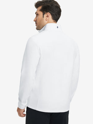 Back view of lightweight casual fleece jacket with 5 pockets, model in white, relaxed fit