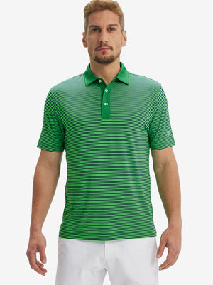 Front half-body of model in green stripe upgraded two-tone striped quick dry polo shirt