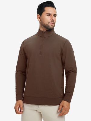 Ultra-Soft Brushed Fleece Lining Quarter Zip Sweatshirt in coffee brown, front upper body view