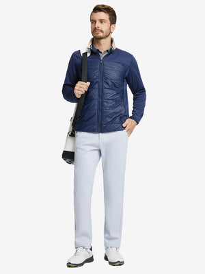 Full body model carrying golf bag in Water-resistant fleece lined pants, clean glacier grey look